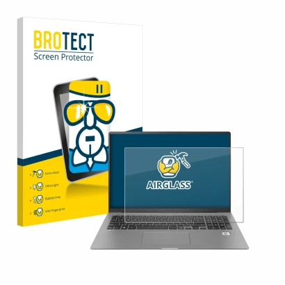 Face avant d’un emballage produit avec le logo de la marque BROTECT. À côté, l’appareil LG gram 17'' 2021 est représenté avec