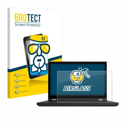 Face avant d’un emballage produit avec le logo de la marque BROTECT. À côté, l’appareil Lenovo ThinkPad P15 Gen 2 est représen