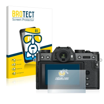Face avant d’un emballage produit avec le logo de la marque BROTECT. À côté, l’appareil Fujifilm X-T30 ll est représenté avec 