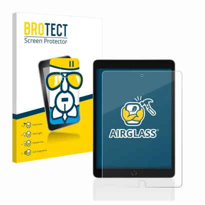 Face avant d’un emballage produit avec le logo de la marque BROTECT. À côté, l’appareil Apple iPad 10.2