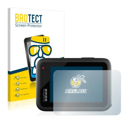 Face avant d’un emballage produit avec le logo de la marque BROTECT. À côté, l’appareil GoPro Hero 10 Black est représenté ave