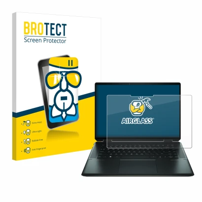 Face avant d’un emballage produit avec le logo de la marque BROTECT. À côté, l’appareil HP Spectre x360 16" 2-in-1 2021 est re