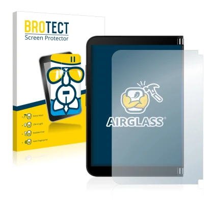 Face avant d’un emballage produit avec le logo de la marque BROTECT. À côté, l’appareil Microsoft Surface Duo 2 (Affichage ext