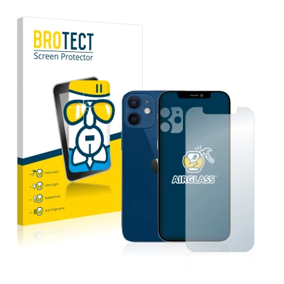 Face avant d’un emballage produit avec le logo de la marque BROTECT. À côté, l’appareil Apple iPhone 12 (Avant+Caméra) est rep