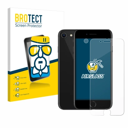 Face avant d’un emballage produit avec le logo de la marque BROTECT. À côté, l’appareil Apple iPhone SE 2 2020 (Avant+Caméra) 