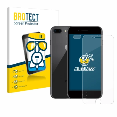 Face avant d’un emballage produit avec le logo de la marque BROTECT. À côté, l’appareil Apple iPhone 8 Plus (Avant+Caméra) est