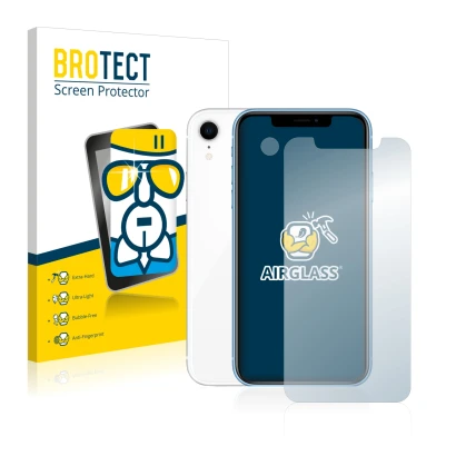 Face avant d’un emballage produit avec le logo de la marque BROTECT. À côté, l’appareil Apple iPhone XR (Avant+Caméra) est rep