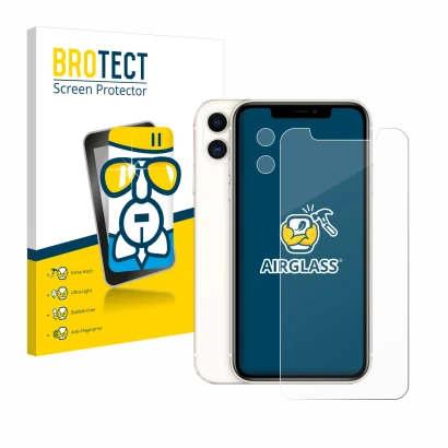 Face avant d’un emballage produit avec le logo de la marque BROTECT. À côté, l’appareil Apple iPhone 11 (Avant+Caméra) est rep