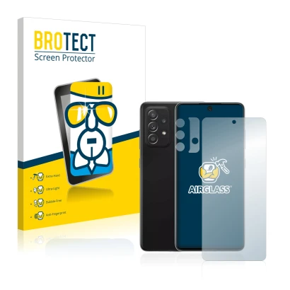Face avant d’un emballage produit avec le logo de la marque BROTECT. À côté, l’appareil Samsung Galaxy A52 5G (Avant+Caméra) e