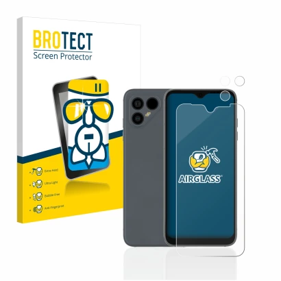 Face avant d’un emballage produit avec le logo de la marque BROTECT. À côté, l’appareil Fairphone 4 (Avant+Caméra) est représe