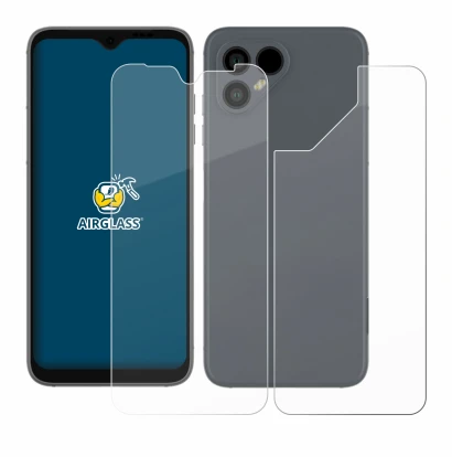 Image de l'appareil Fairphone 4 (Avant+Arrière) avec une grande variété de protections d'écran.