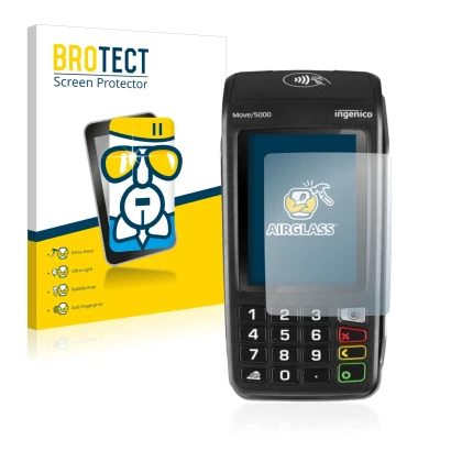Face avant d’un emballage produit avec le logo de la marque BROTECT. À côté, l’appareil ingenico Move 5000 est représenté avec