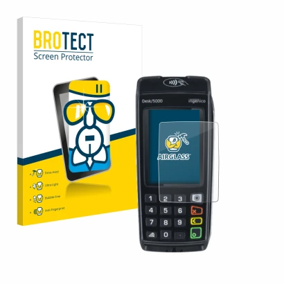Face avant d’un emballage produit avec le logo de la marque BROTECT. À côté, l’appareil ingenico Desk/5000 est représenté avec