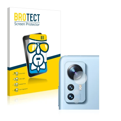 Face avant d’un emballage produit avec le logo de la marque BROTECT. À côté, l’appareil Xiaomi 12 Pro (Caméra UNIQUEMENT) est 