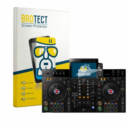 Face avant d’un emballage produit avec le logo de la marque BROTECT. À côté, l’appareil Pioneer XDJ-RX3 est représenté avec la
