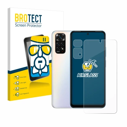 Face avant d’un emballage produit avec le logo de la marque BROTECT. À côté, l’appareil Xiaomi Redmi Note 11S (Avant+Caméra) e