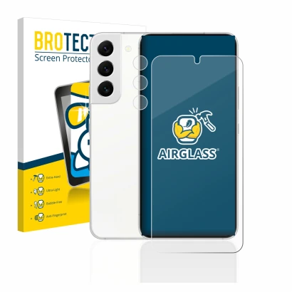 Face avant d’un emballage produit avec le logo de la marque BROTECT. À côté, l’appareil Samsung Galaxy S22 5G (Avant+Caméra) e