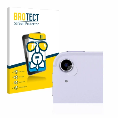 Face avant d’un emballage produit avec le logo de la marque BROTECT. À côté, l’appareil Apple iPad Air 5 WiFi 2022 (Caméra UNI