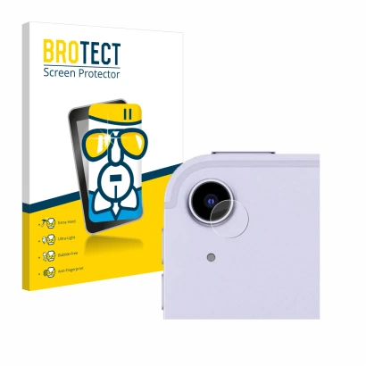 Face avant d’un emballage produit avec le logo de la marque BROTECT. À côté, l’appareil Apple iPad Air 5 2022 (Caméra UNIQUEME