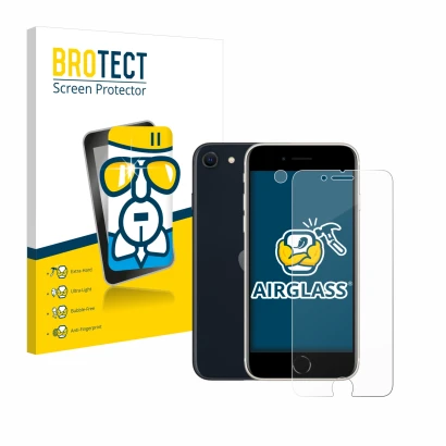 Face avant d’un emballage produit avec le logo de la marque BROTECT. À côté, l’appareil Apple iPhone SE 3 2022 (Avant+Caméra) 