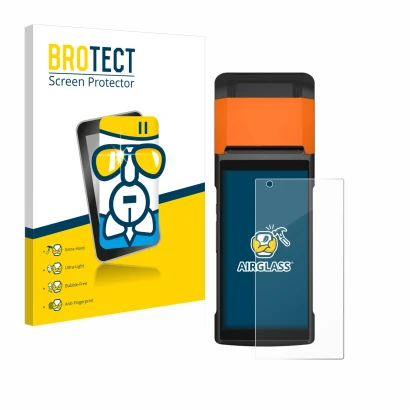 Face avant d’un emballage produit avec le logo de la marque BROTECT. À côté, l’appareil Sunmi V2s est représenté avec la prote
