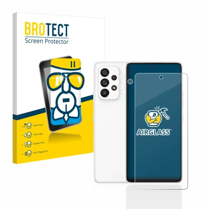 Face avant d’un emballage produit avec le logo de la marque BROTECT. À côté, l’appareil Samsung Galaxy A53 5G (Avant+Caméra) e