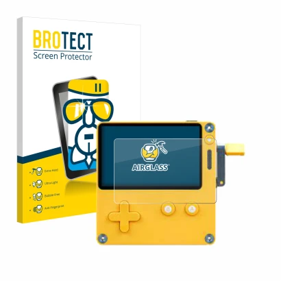 Face avant d’un emballage produit avec le logo de la marque BROTECT. À côté, l’appareil Panic Playdate est représenté avec la 