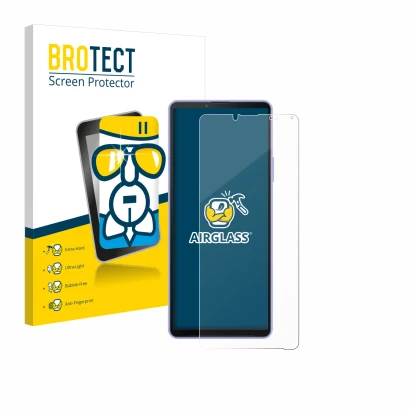 Face avant d’un emballage produit avec le logo de la marque BROTECT. À côté, l’appareil Sony Xperia 10 IV est représenté avec