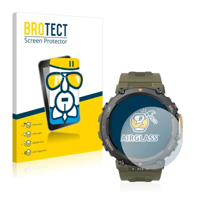 Face avant d’un emballage produit avec le logo de la marque BROTECT. À côté, l’appareil Huami Amazfit T-Rex 2 est représenté a