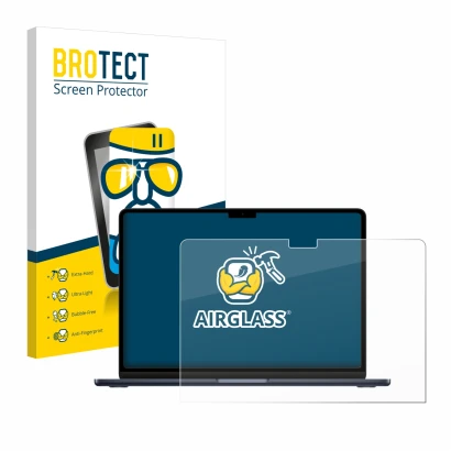 Face avant d’un emballage produit avec le logo de la marque BROTECT. À côté, l’appareil Apple MacBook Air 13