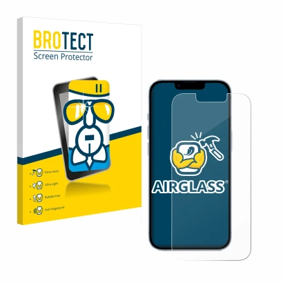 Face avant d’un emballage produit avec le logo de la marque BROTECT. À côté, l’appareil Apple iPhone 14 est représenté avec la