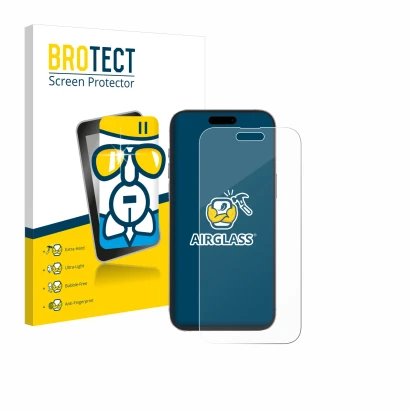 Face avant d’un emballage produit avec le logo de la marque BROTECT. À côté, l’appareil Apple iPhone 14 Pro Max est représenté