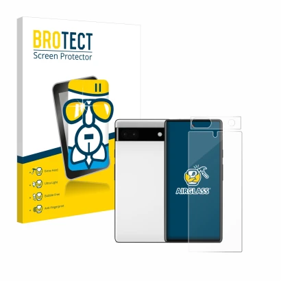 Face avant d’un emballage produit avec le logo de la marque BROTECT. À côté, l’appareil Google Pixel 6a (Avant+Caméra) est rep