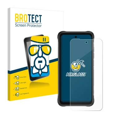 Face avant d’un emballage produit avec le logo de la marque BROTECT. À côté, l’appareil Umidigi Bison 2 est représenté avec la