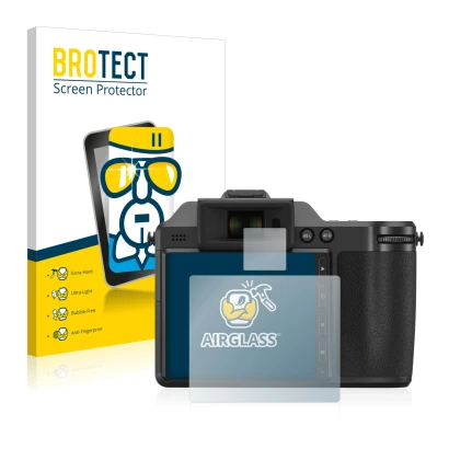 Face avant d’un emballage produit avec le logo de la marque BROTECT. À côté, l’appareil Hasselblad X2D 100C est représenté ave