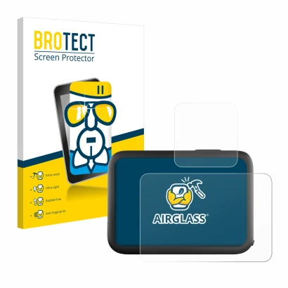 Face avant d’un emballage produit avec le logo de la marque BROTECT. À côté, l’appareil GoPro Hero 11 Black est représenté ave