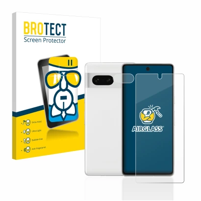 Face avant d’un emballage produit avec le logo de la marque BROTECT. À côté, l’appareil Google Pixel 7 (Avant+Caméra) est repr