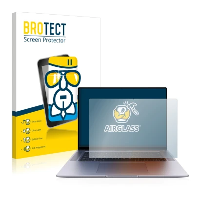 Face avant d’un emballage produit avec le logo de la marque BROTECT. À côté, l’appareil Huawei MateBook 16s est représenté ave