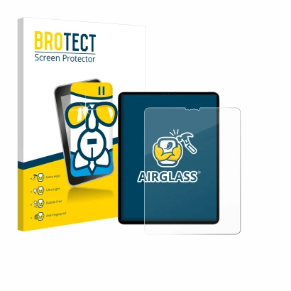 Face avant d’un emballage produit avec le logo de la marque BROTECT. À côté, l’appareil Apple iPad Pro 12.9" 2022 (6. Gen.) es