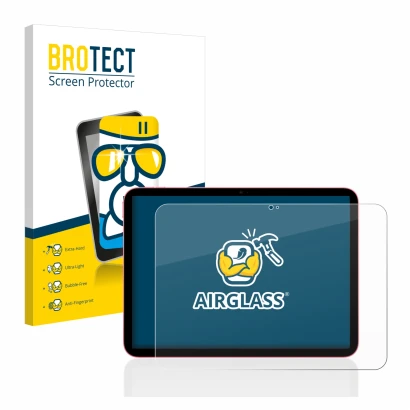 Face avant d’un emballage produit avec le logo de la marque BROTECT. À côté, l’appareil Apple iPad 10.9