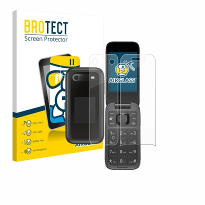 Face avant d’un emballage produit avec le logo de la marque BROTECT. À côté, l’appareil Nokia 2660 Flip (Avant+Arrière) est re