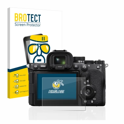 Face avant d’un emballage produit avec le logo de la marque BROTECT. À côté, l’appareil Sony Alpha 7R V est représenté avec la