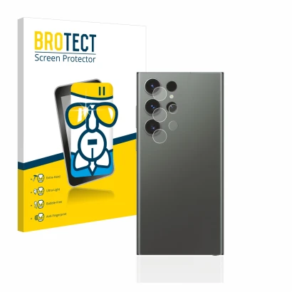 Face avant d’un emballage produit avec le logo de la marque BROTECT. À côté, l’appareil Samsung Galaxy S23 Ultra (Caméra UNIQU