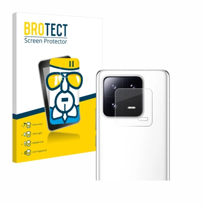 Face avant d’un emballage produit avec le logo de la marque BROTECT. À côté, l’appareil Xiaomi 13 Pro (Caméra UNIQUEMENT) est 