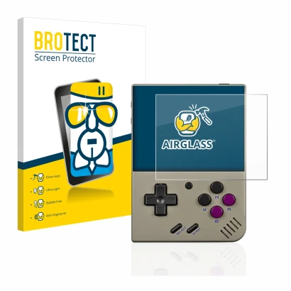 Face avant d’un emballage produit avec le logo de la marque BROTECT. À côté, l’appareil Miyoo Mini Plus est représenté avec la