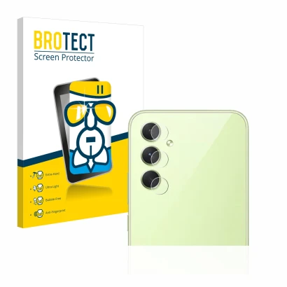 Face avant d’un emballage produit avec le logo de la marque BROTECT. À côté, l’appareil Samsung Galaxy A54 5G (Caméra UNIQUEME