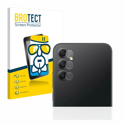 Face avant d’un emballage produit avec le logo de la marque BROTECT. À côté, l’appareil Samsung Galaxy A34 5G (Caméra UNIQUEME
