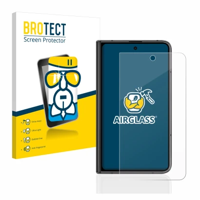 Face avant d’un emballage produit avec le logo de la marque BROTECT. À côté, l’appareil Google Pixel Fold (Affichage externe) 