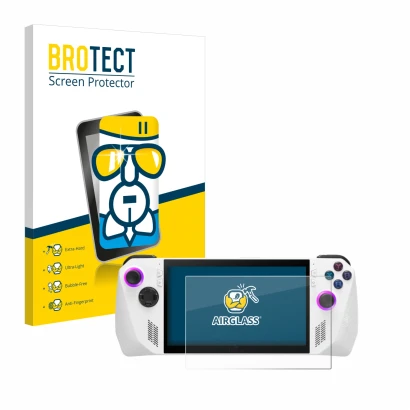 Face avant d’un emballage produit avec le logo de la marque BROTECT. À côté, l’appareil ASUS ROG Ally (2023) RC71L est représe