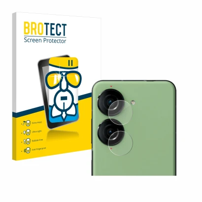 Face avant d’un emballage produit avec le logo de la marque BROTECT. À côté, l’appareil ASUS ZenFone 10 (Caméra UNIQUEMENT) es